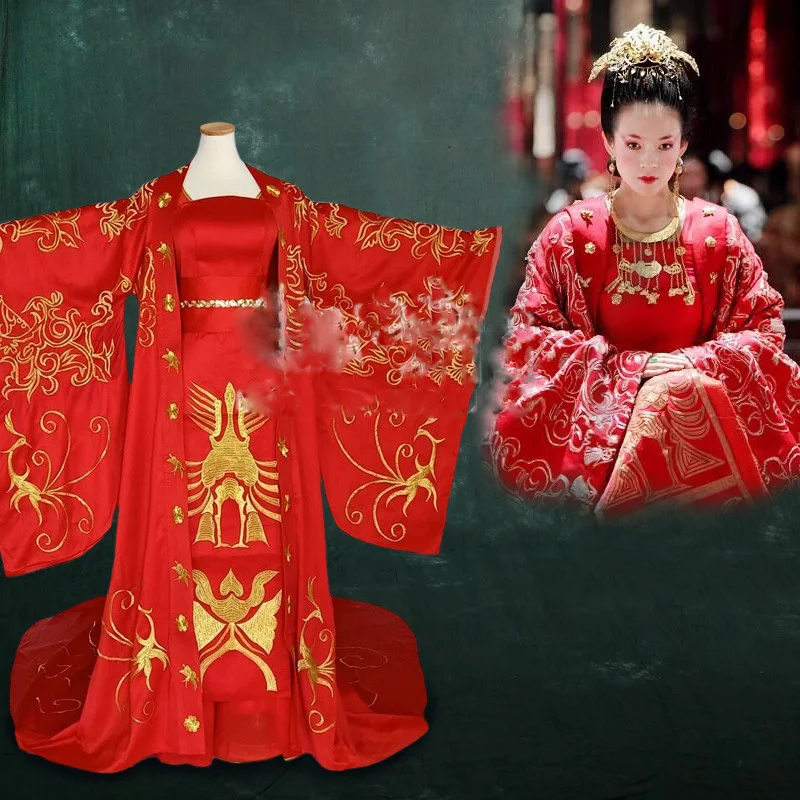 

Movie The Banquet Actress Ziyi Zhang Golden Red Gorgeous Embroidery Phoenix Hanfu Long Tail Bride Wedding Costume Empress Hanfu