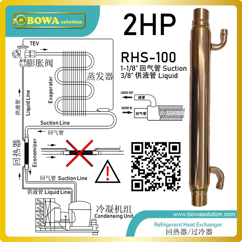 RHS100 superheater Superheating suction gas avoids counteracts formation of condensate or frost on surface of uninsulated line