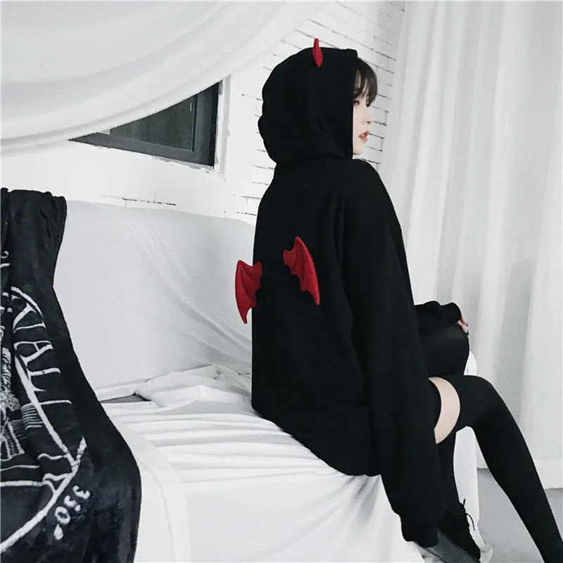 Cute Hoodies Women Punk Gothic Girls Devil Horn Chic Hooded Pullover Loose Sweatshirt Autumn Winter High Street Harajuku Hoodie