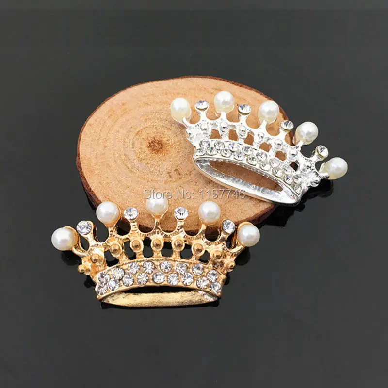 Flat Back Rhinestone Crystal Crown Buttons With White Pearls Embellishments For Hair Accessories Home Phone Decor 10pcs 24x45mm