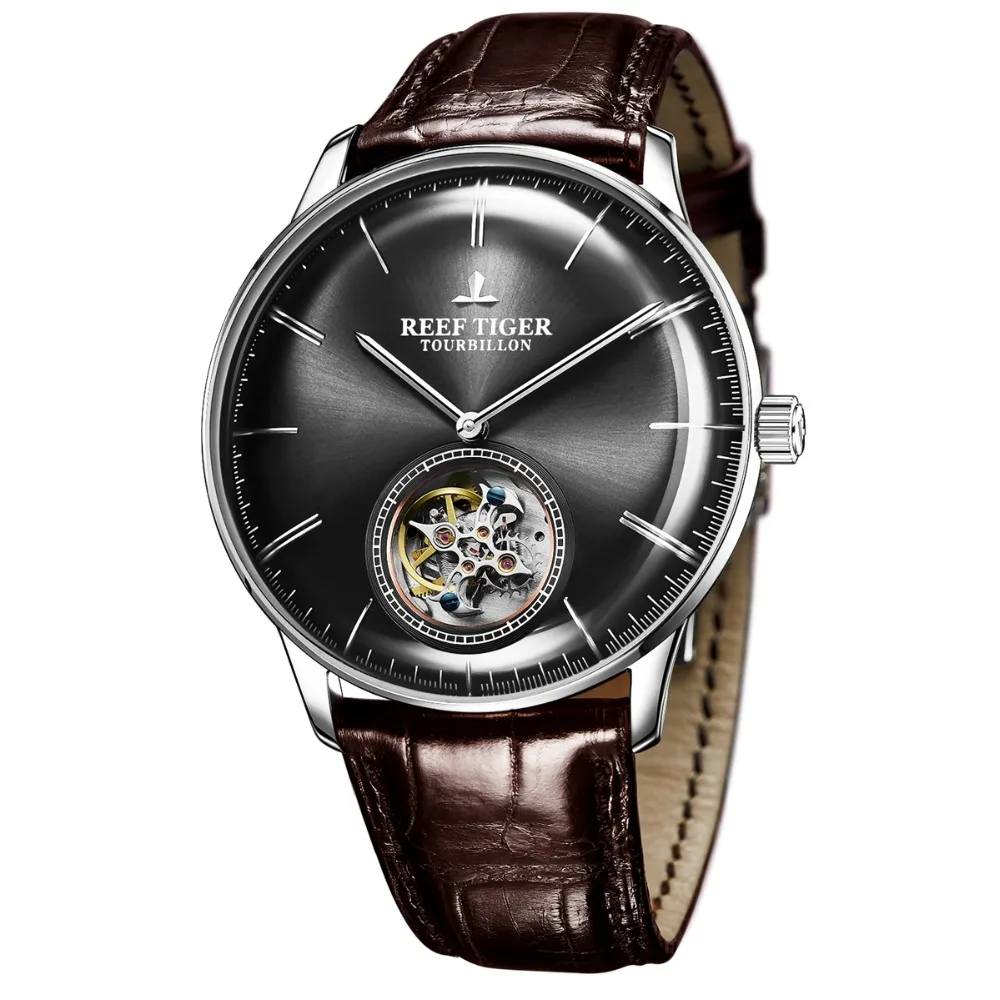 Reef Tiger Classic Serier RGA1930 Men Hollow-out Dial Dress Real Tourbillon Automatic Self-wind Mechanical Wrist Watch-Silver