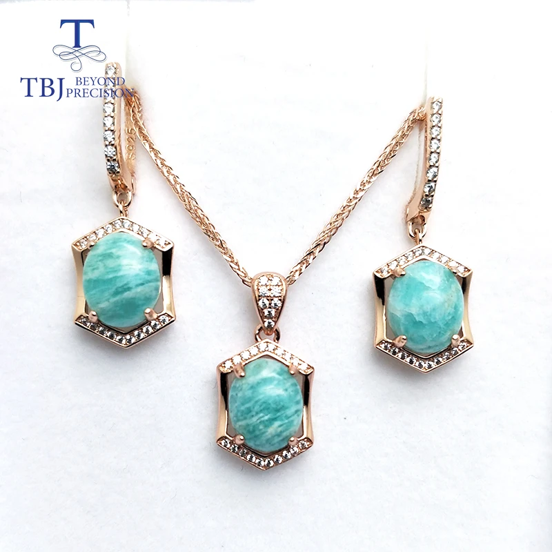 TBJ,jewelry set with natural amazonite pendant earring 925 sterling silver rose gold for women daily wear