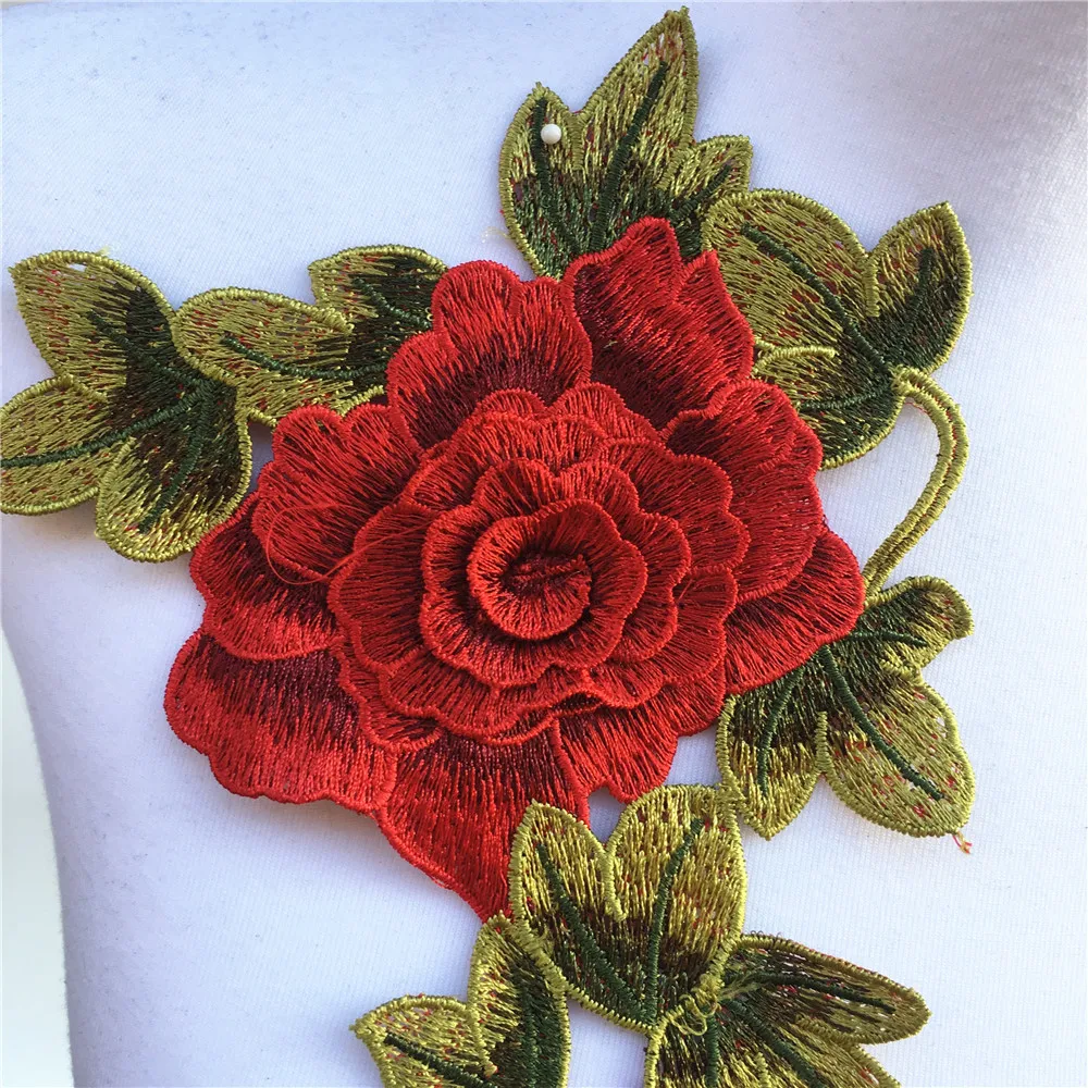 1Pc 3D Red Embroidered Fabric Rose Flower Venise Lace Sewing Applique Lace Collar Neckline Collar Applique Accessories