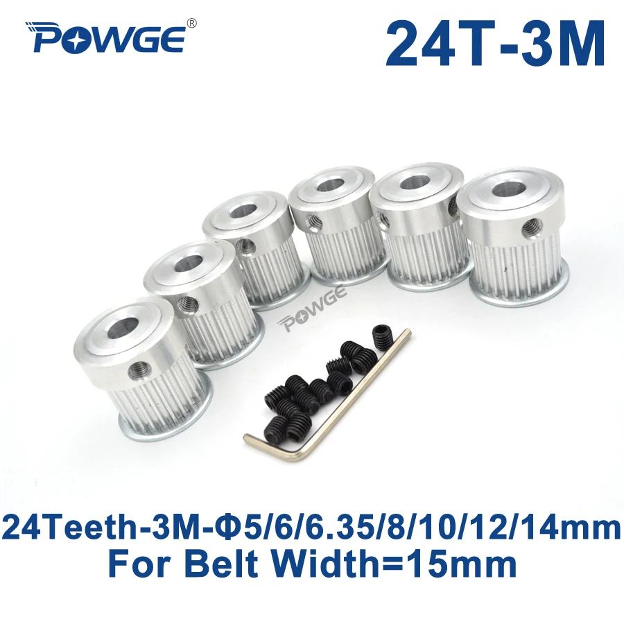 

POWGE 6pcs 24 Teeth HTD 3M Synchronous Pulley Bore 5/6/6.35/8/10/12/14mm for Width 15mm 3M Timing belt pulley HTD3M 24Teeth 24T