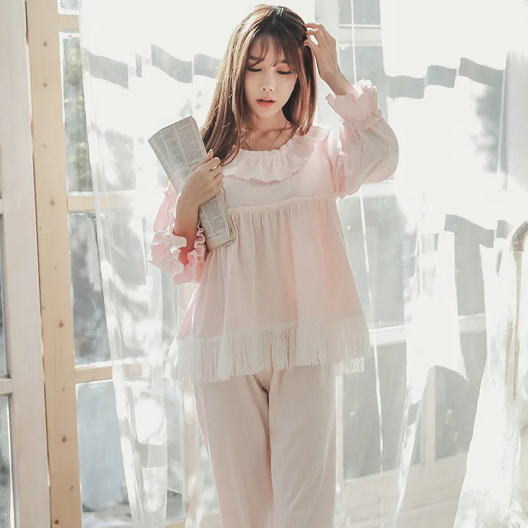 

2019 Spring New Japanese Pajamas Lady Fringed Princess Pijama Mujer Knitted Suit Sweet Simple Loungewear Women Pyjamas Sleepwear