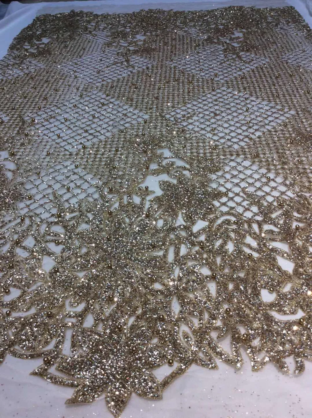 

ap214 # 5 yards champagne gold pearls sparkly hand print glued glitter net tulle mesh sugar lace fabric for sawing dress