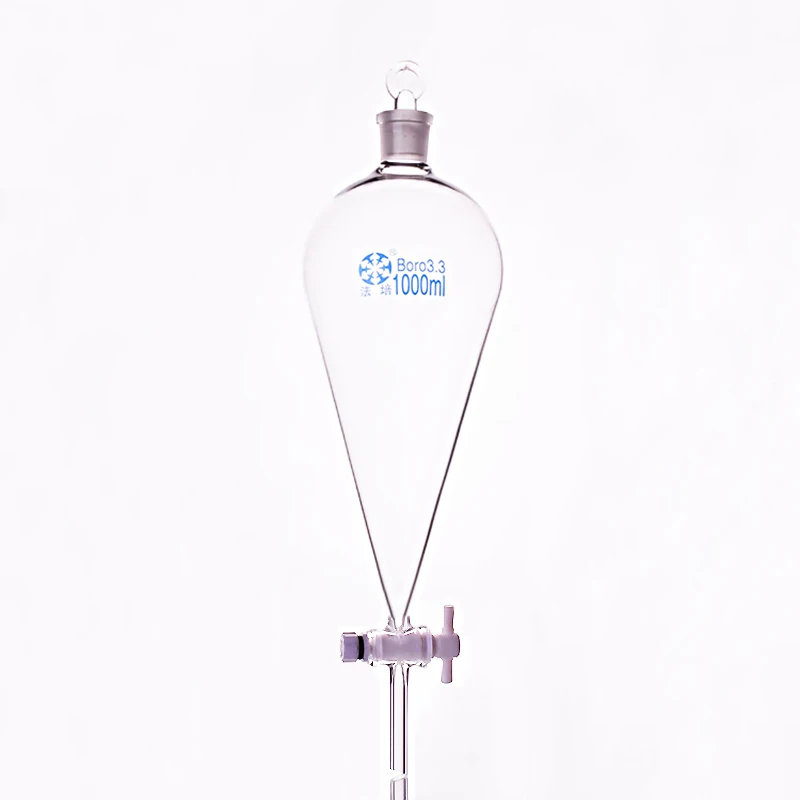 Separatory funnel pear shape,with ground-in glass stopper and stopcock,Capacity 1000ml,PTFE switch valve