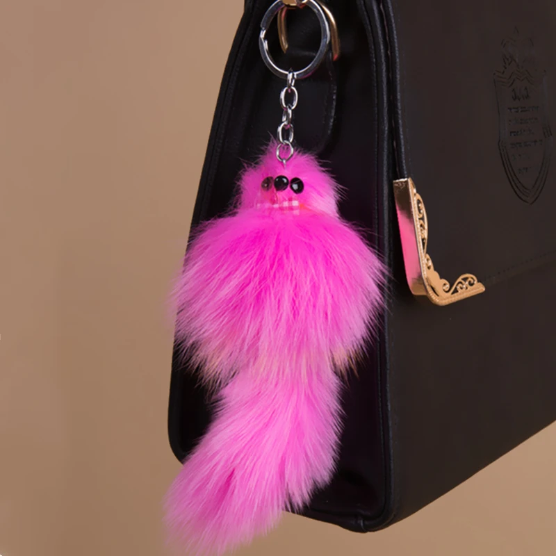 Cute Girls 17cm Fluffy Natural Fox Fur Key Chain Women Plush Fur Pompon Fox Keychain Bag Car Trinket Female Party Jewelry Gifts