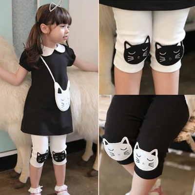 

2024 Hot Summer 2-10 Years Old Baby Kids Children White Black Green Cat Print Basic Capri Thin Little Girls Knee Length Leggings