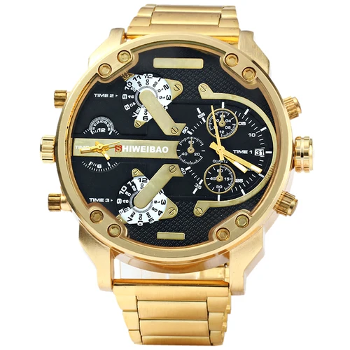 Imagen 2 del producto Reloj grande para hombre, correa de reloj de acero dorado de lujo, relojes de cuarzo para hombre, reloj militar de doble zona horaria, reloj informal para hombre