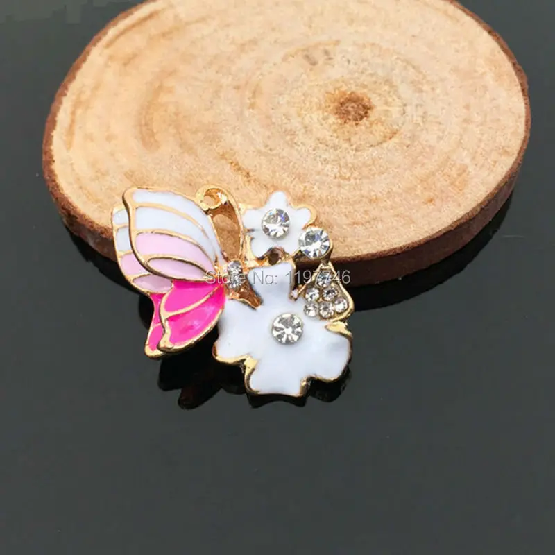 Pink Enamel Metal Rhinestone Buttefly With Flower Buttons Wedding Flatback Embellishment Sewing Accessories 10pcs 22*27mm