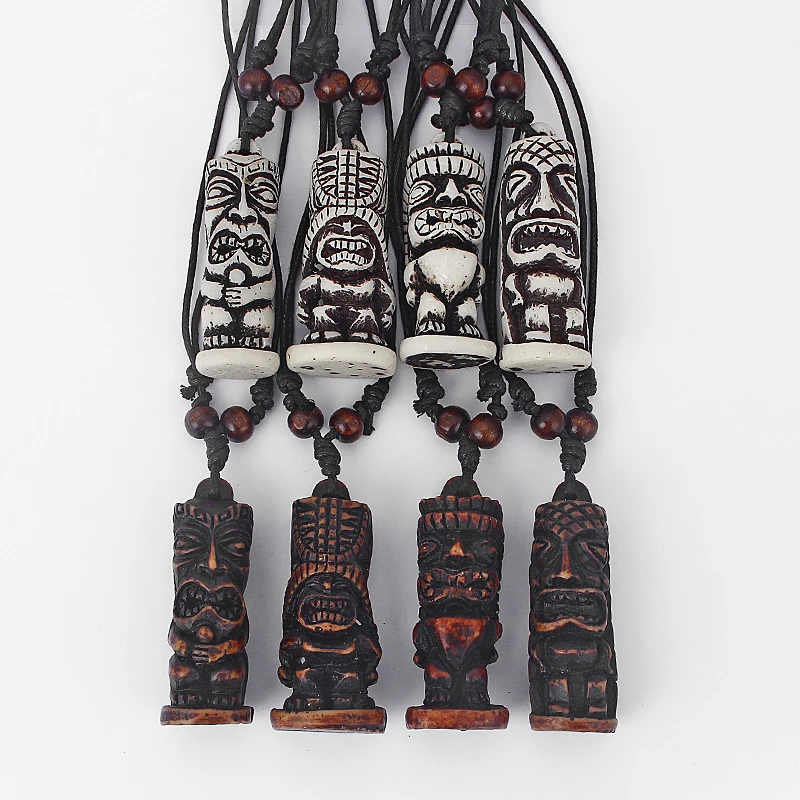 1pcs Brown/White Tribal Faux Yak Bone Carved Tiki Man Totem Pendants Necklace Black Wax Cotton Cord jewelry