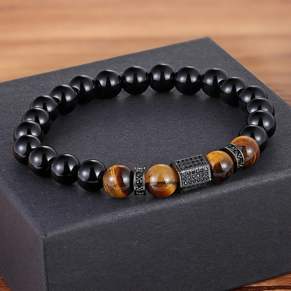 XQNI Marble Tiger Eye Bead Bracelet with Cubic Zircon Hand Jewelry Natural Stone Beads Bracelet Elastic Stretch Men Bracelet