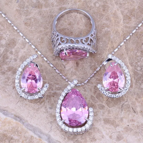 Pink White CZ Silver Plated Jewelry Sets Earrings Necklace Pendant Ring Size 6 / 7 / 8 / 9 / 10 S0003