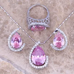 Pink White CZ Silver Plated Jewelry Sets Earrings Necklace Pendant Ring Size 6 / 7 / 8 / 9 / 10 S0003