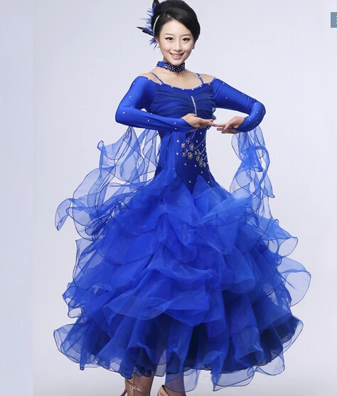 

Modern Dance Costumes Standard Ballroom Dress Stage Tango Women Performance Rhinestones Blue Shiny