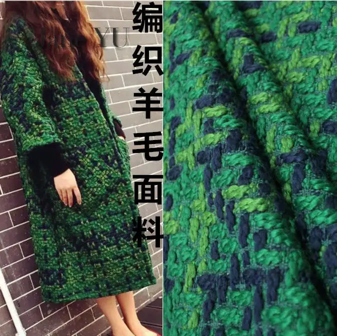 JaneYU 2023 New Arrival Green Chequered Wool Fabric Knitted Woolen Blends For Autumn And Winter Garments DIY Colth