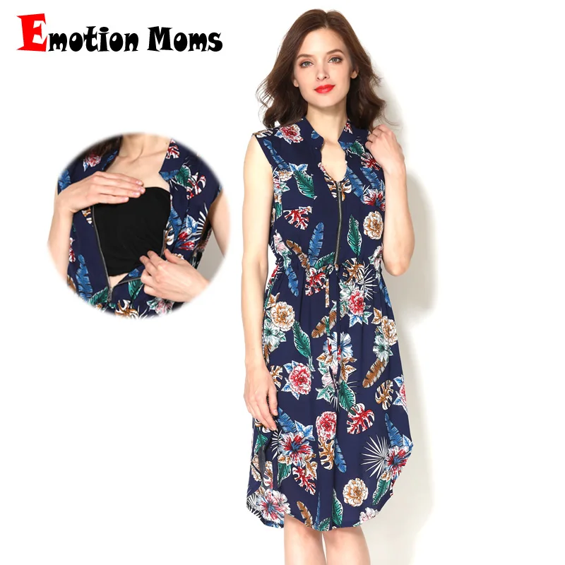 

Emotion Moms Summer Style Sleeveless Feather Pattern Maternity Lactation Clothes Women Breastfeeding Dress