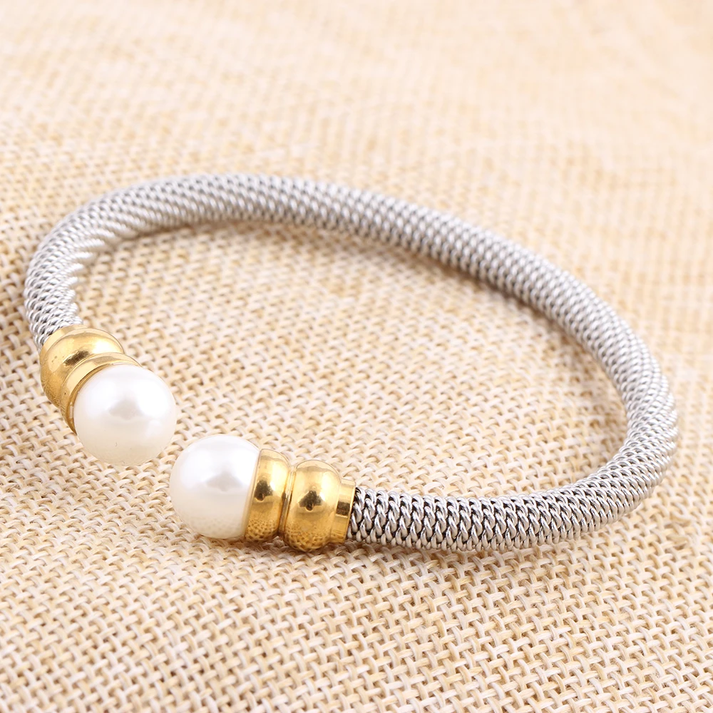 New Arrivals Stainless Steel Bracelets Bangles Smooth Steel Twisted Wire Bracelet Pearl Charm Bangle Accessories For Women