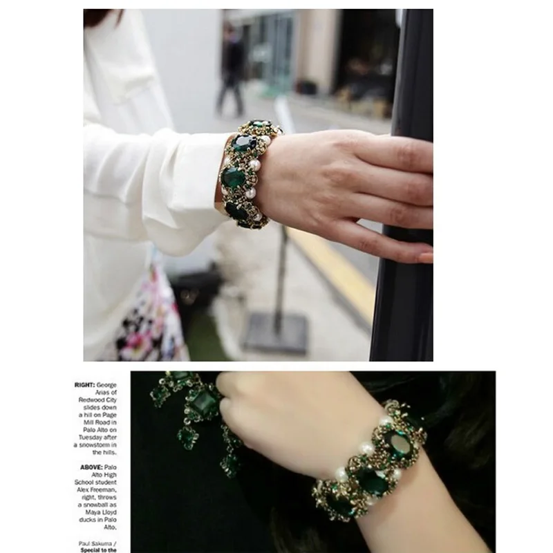 Drop Shipping Brand Gold Color Green Crystal Stone Rhinestones Bracelet Bangle Jewelry Women Wedding Fashion