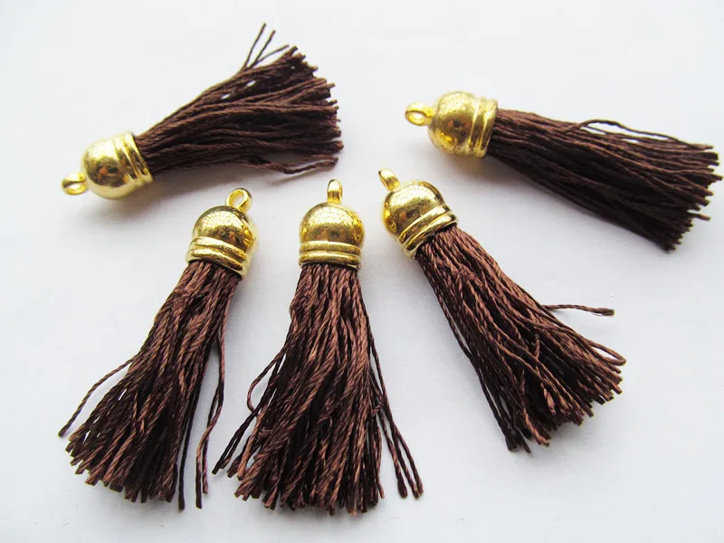 Free Shipping 100Pcs 45mm Golden Plastic Caps Handbag Tassels,DIY Accessories,BrownTwist Silk Cord,Chamois Macrame Bag Component