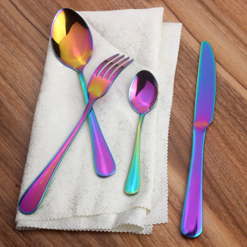 

4pcs Colorful Stainless Steel Dinnerware Set Western Rainbow Cutlery Golden Tableware Fork Knife Teaspoon Wedding Cutlery Set