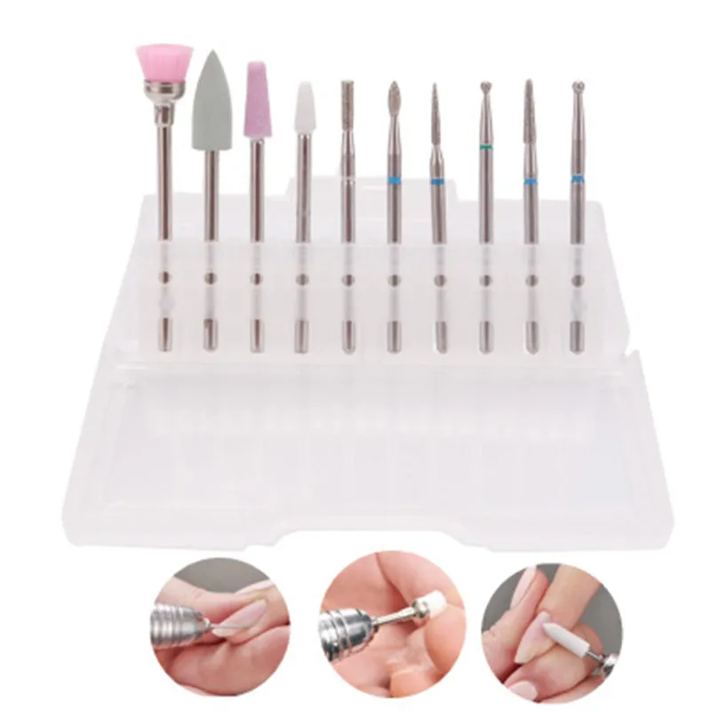 10pc/set Nail Art Grinding Drill Bits Electric Manicure Machine Diamond Bullet Bit Gel Polish Cuticle Removal Brush Mill Kit New