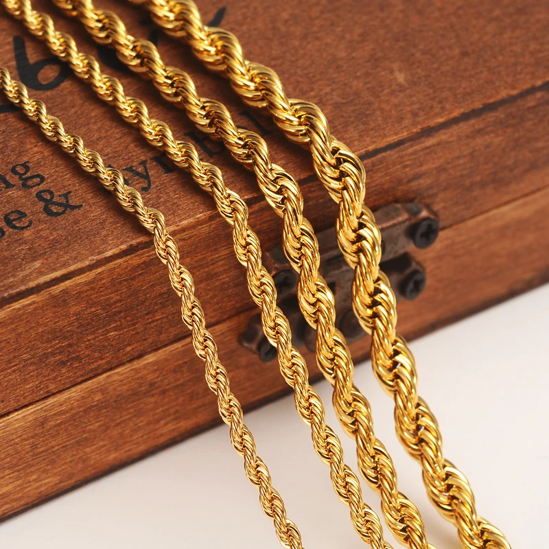 24k Gold color  Filled Necklace Chain for Men and Women Necklace Bracelet  Gold rope Chain Necklace High Quality