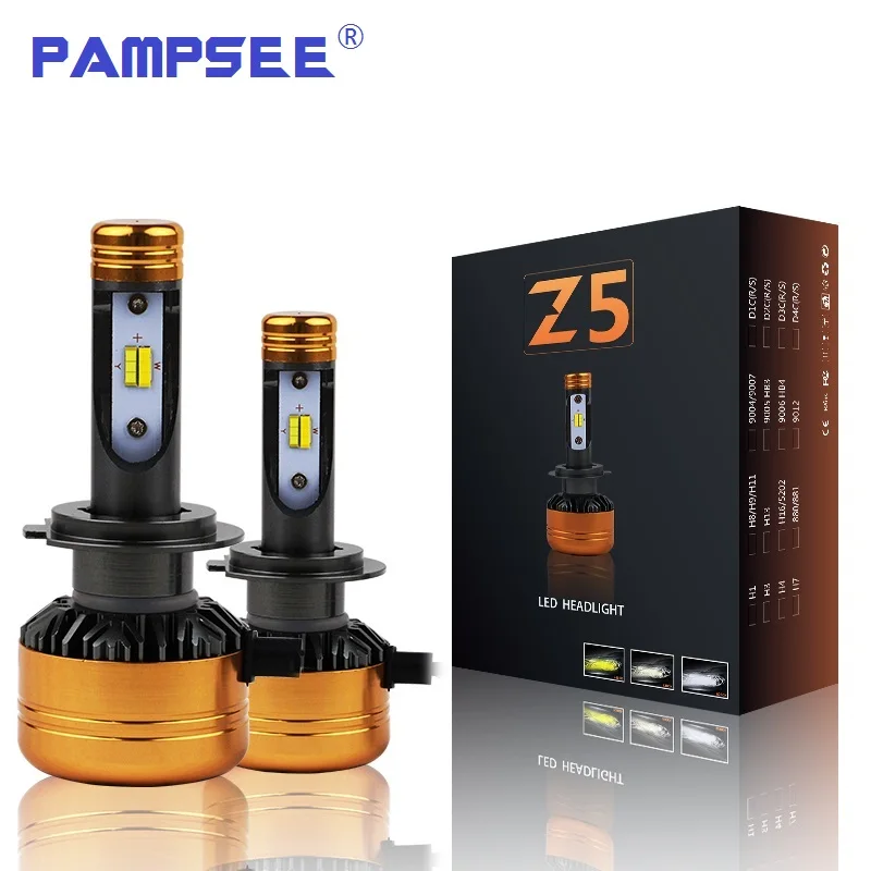 PAMPSEE Z5 Car TriColor 3 Color LED Headlight H1 H4 H7 H11 HB3 HB4 50W 5800LM Flip Chips 3000K 4300K 6000K Switchback LED Bulbs