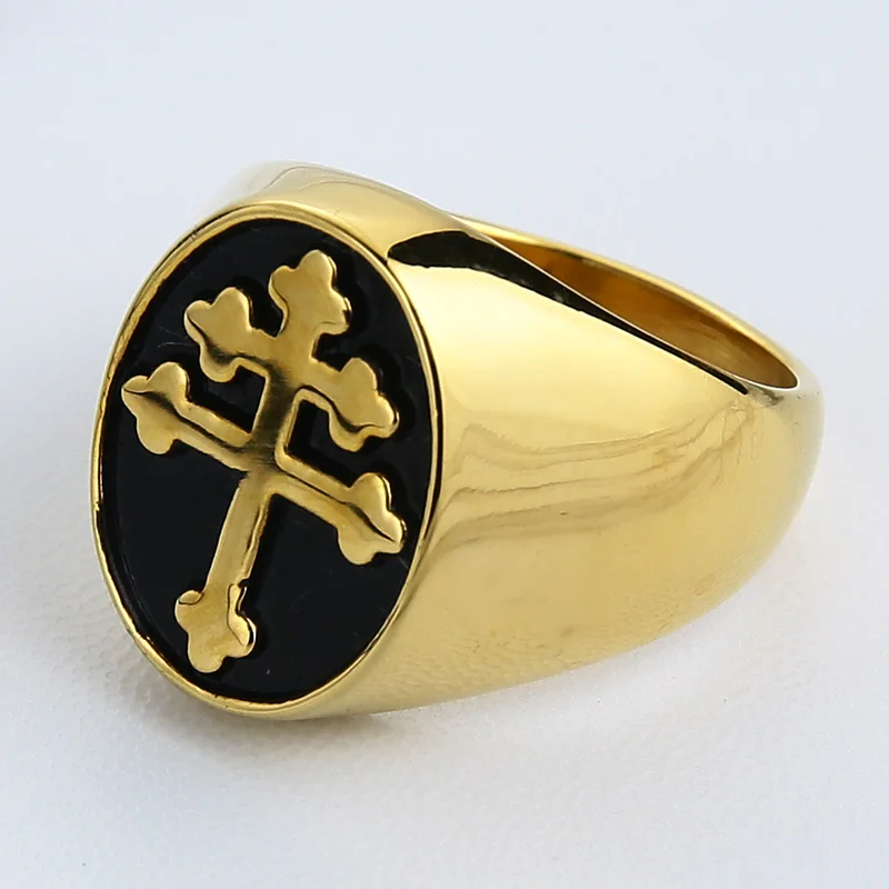 Valily Lorraine Cross Ring Gold  Color Titanium Stainless Steel Crux Vera Cross of Lorraine Rings for Men Jewelry wholesale