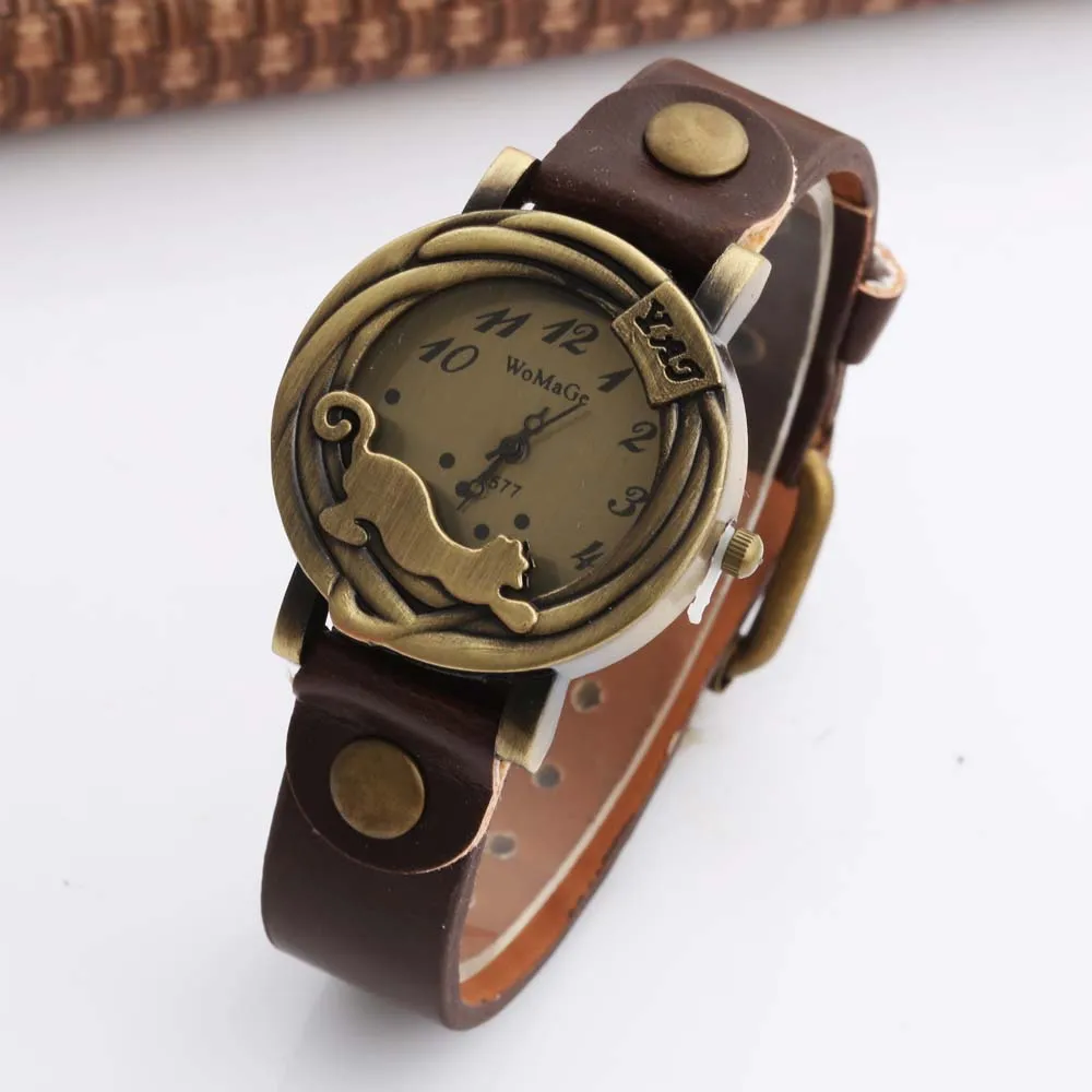 WOMAGE 2020 New Fashion Vintage Bronze Retro Watch Women Cow Leather Quartz Watches Leopard Watch dames horloges montre femme