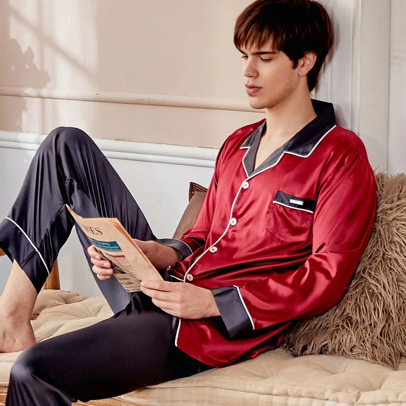 Xifenni Silk Pajama Sets Male Spring Summer New Faux SILK Sleepwear Man Two-Tones Long-Sleeve Nightwear 2-Pieces X9005