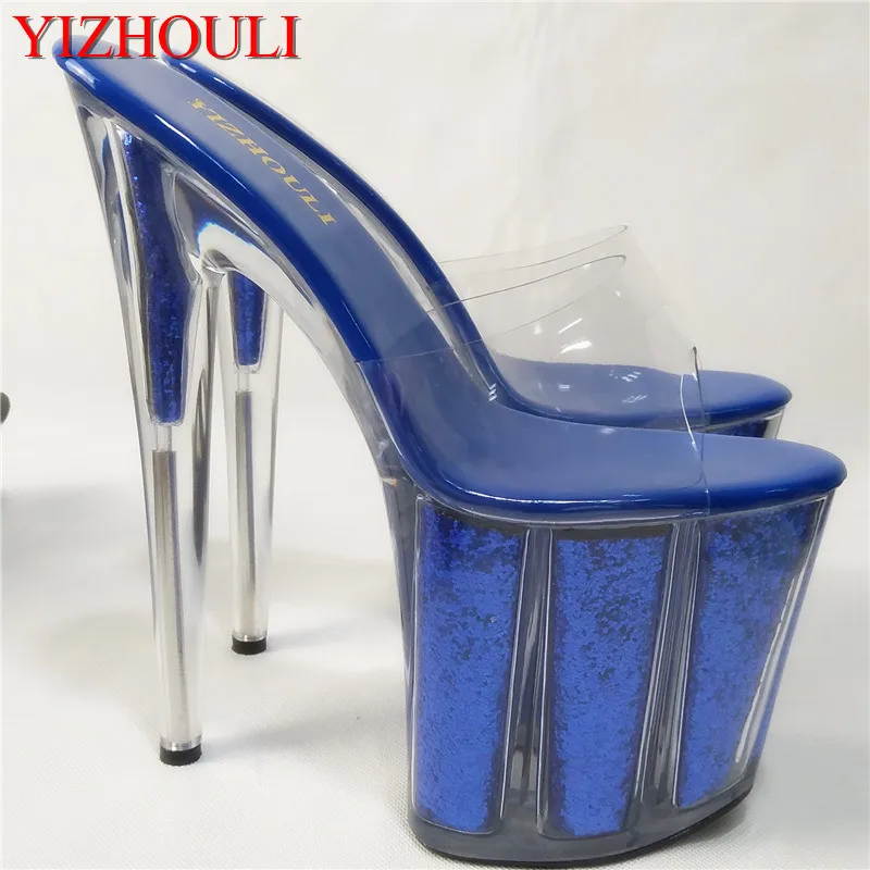 Sexy Blue Glitter Clear Crystal Sandals 20cm Hot Selling Lady's High Heels 8 Inch High Peep Toe Sweetness Slippers