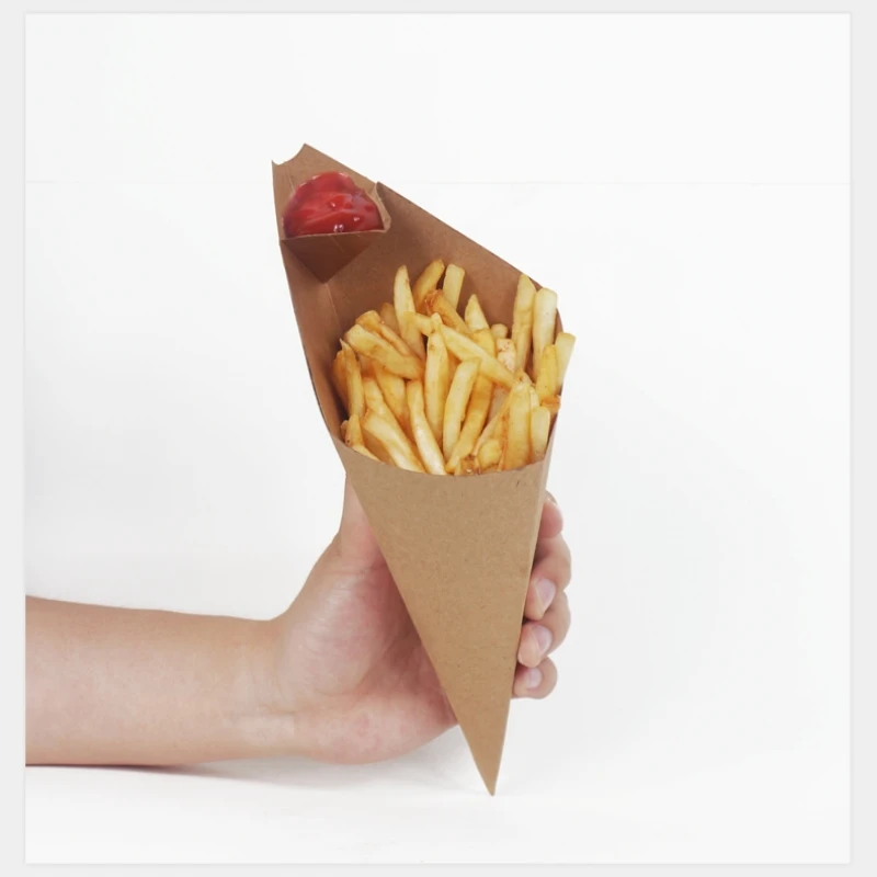 Disposable Creative Cone Shape French Fries Box, Waterproof and Anti-Oil, Food Grade Kraft Paper Bag, Fried Food Package, 100Pcs