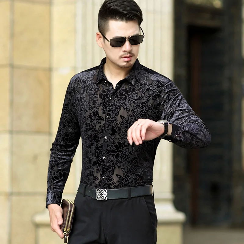 Man Lace Dress Shirt Long Sleeve Silk Velvet Transparent Shirts Hollow Floral See Through Clothes Free Shipping