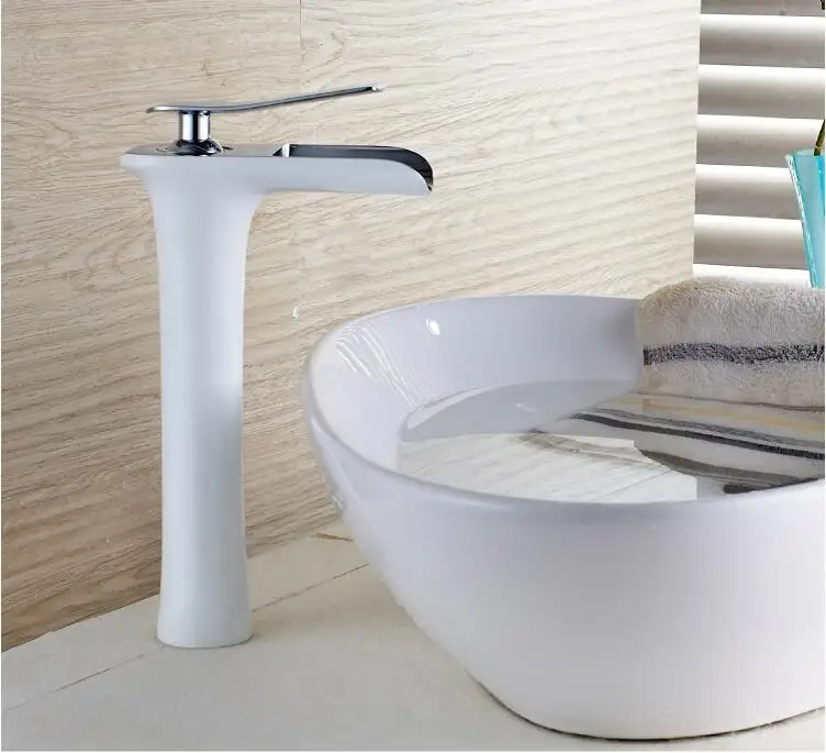 fashion top high quality chrome and white brass single lever Hot and Cold bathroom high sink waterfall faucet basin tap