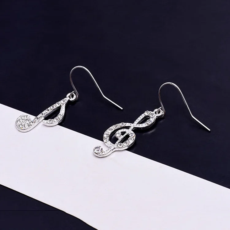 Asymmetric Personality Trendy Music Notes Ear Hook Crystal Silver Color Rhinestone Earring  Women Accessory Lady Dangle Earrings