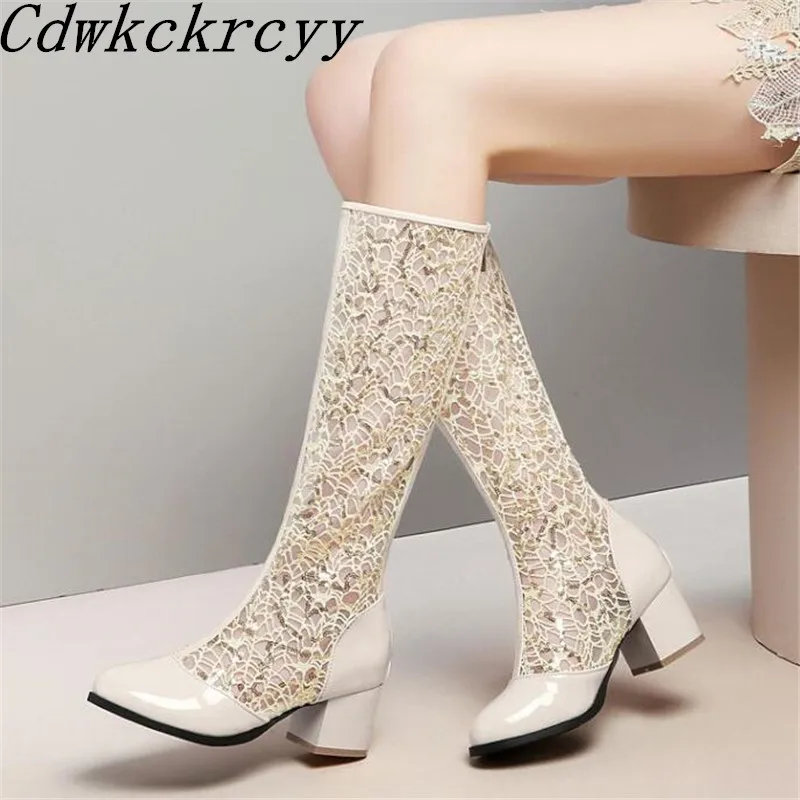 Summer New pattern fashion Round head Sequins Lace Mesh surface High-heeled High cylinder Cool boots white Lace Women sandals