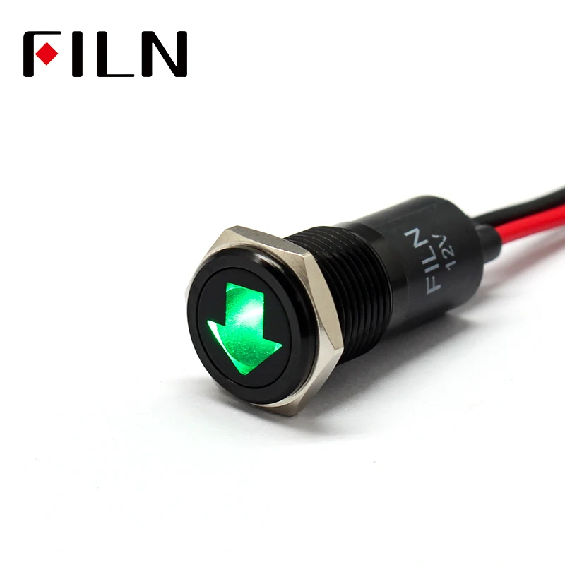 FILN 14mm Car dashboard Turn signal  symbol led red yellow white blue green 12v led Black shell indicator light with 20cm cable