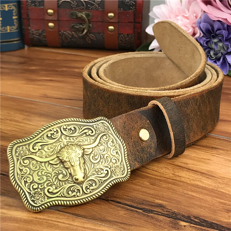 Brass Cowboy Belt Buckle Luxury Men Leather Belt Ceinture Homme Yellow Belts For Men Wide Male Strap Jeans Waist MBT0537