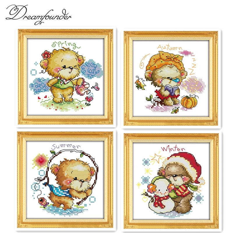 Four seasons  little bear spring autumn winter cross stitch kit 14ct 11ct printed canvas embroidery DIY handmade needlework plus