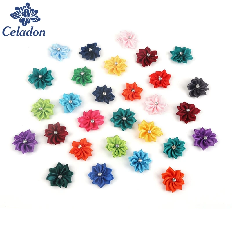 25pcs 3cm Drill 9 Petal flower Handmade 3d Fabric Flowers for Headbands Appliques Sewing Wedding Garment dresses Accessories DIY