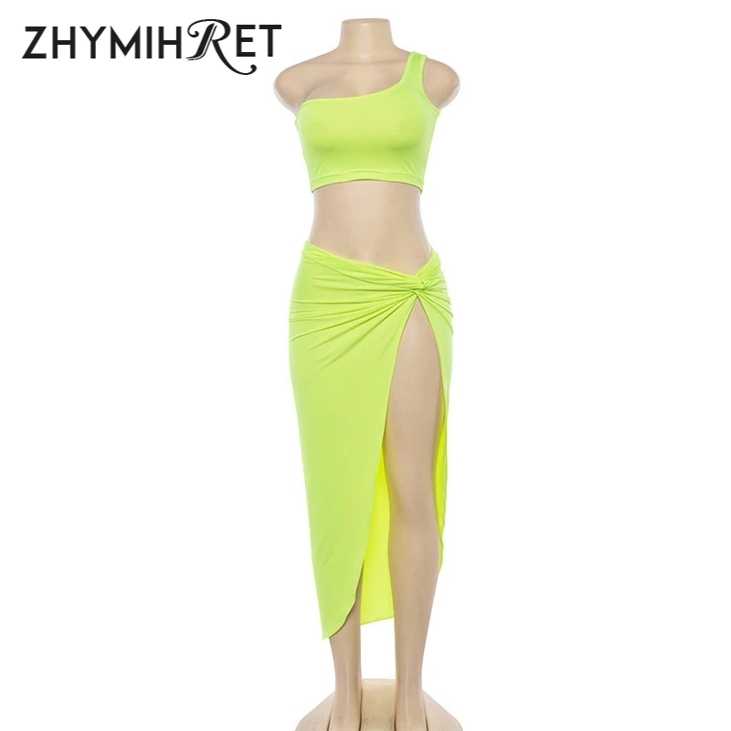 ZHYMIHRET 2023 Summer Neon Color Two Piece Set Dress For Women One Shoulder Tops Side Ruched High Split Dress Bandange Vestidos