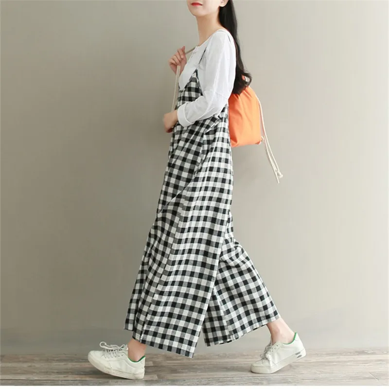 2018 Camis Plaid Rompers Overalls Women Loose Cotton Linen Jumpsuits Female Casual Long Trousers Wide Leg Pants Plus Size AB875