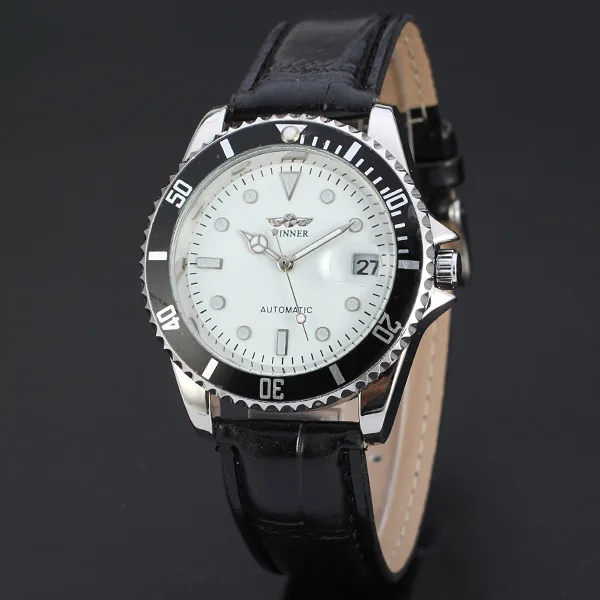 T-WINNER Round Calendar Watch Classic Diamond White Dial Stainless Steel Case Wristwatch Leather Band Mechanical Watch