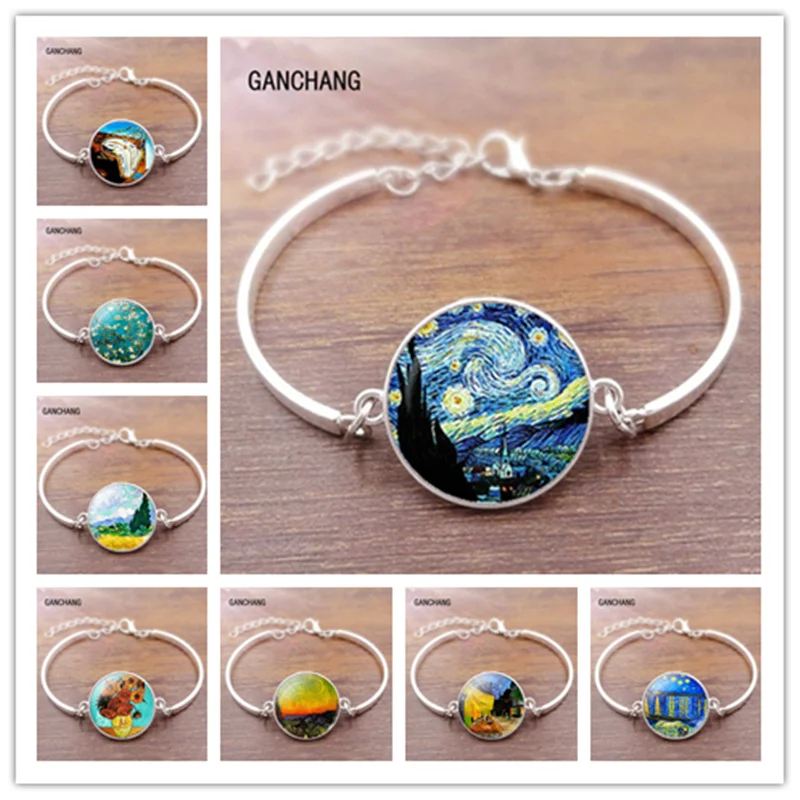 Van Gogh metal bracelet men and women fashion glass convex round dome convex starry night jewelry sunflower fashion gift