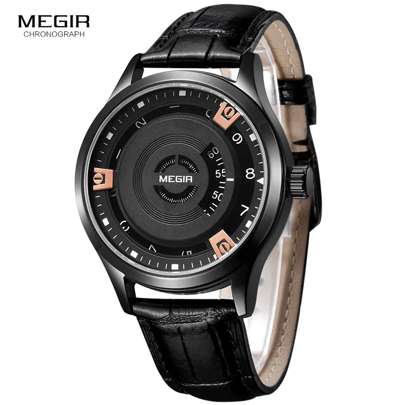 Megir Mens Fashion Schwarz Leder Quarz Armbanduhren Heißer Wasserdicht Batterie Quarzuhr für Mann Male1067