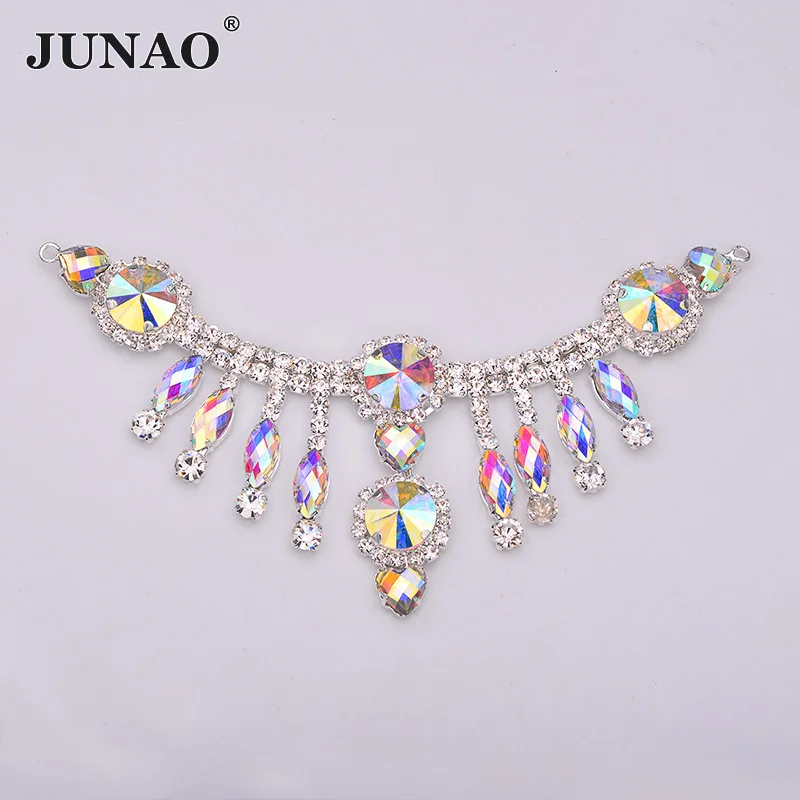 JUNAO 155x60mm Blue AB Crystal Fringe Glass Rhinestones Chain Tassel Strass Applique Sew On Crystal Sash for DIY Dress Headwear