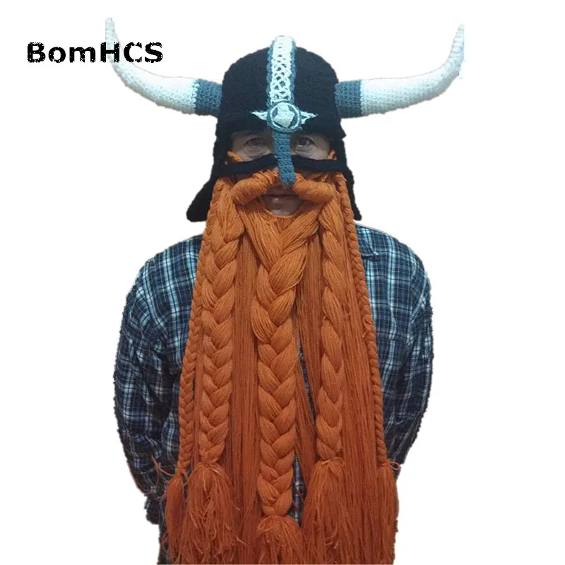 BomHCS Funny Party Halloween Cap Men\'s Head Beard Beanie Horn Hat Handmade Winter Warm Birthday Gift