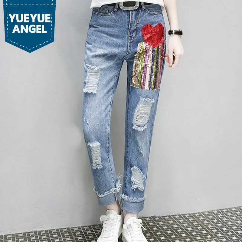 Womens Jeans Hot Fashion Sequin Straight Beading Female Full Length Distressed  Hole Ripped Hip Hop Harem Denim Trousers Pants